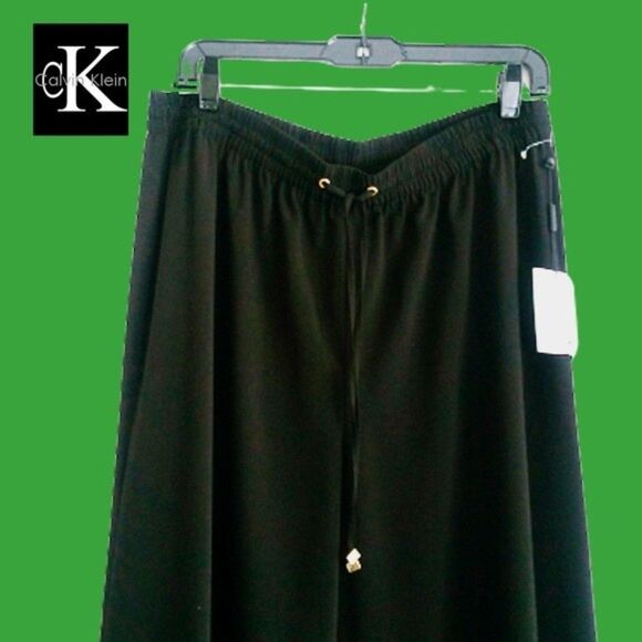 Calvin Klein NEW Bohemian Drawstring Flare Leg Relaxed Semi-Sheer Chiffon Pant L - Picture 2 of 12